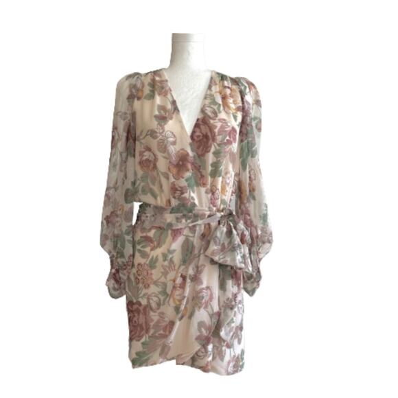 Fab’rik Dress Marnie Floral Print Chiffon Lantern Sleeves Wrap Tie Small NEW - Picture 2 of 13